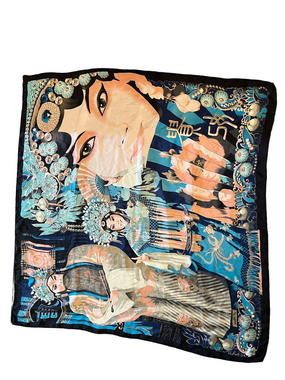 VTG 100% Silk Beijing Chinese Opera Square Scarf Bold Graphic Blue Pink